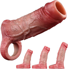 Load image into Gallery viewer, Flüssigsilikon Realistische Penishülle mit Hodenring und Venenstruktur Penismanschetten Cock Sleeve für Penisvergrößerung und Zeit Verlängern Penis Sleeve Extrem Sexspielzeug für Männer