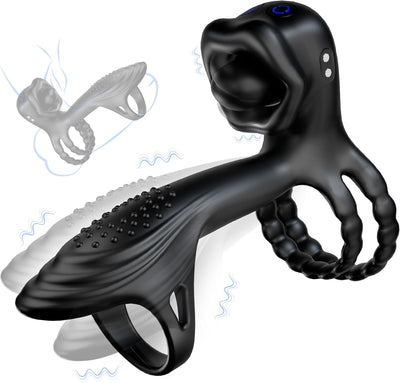 4-in-1 Penis vibrationsring mit 9 Vibrationsmodi 360° Kopfschütteln und Leckzunge 3 Ring Bondage Cockringe für männer Silikon Erotische sexspielzeug Penisring Extrem Sex Spielzeug für die Paare